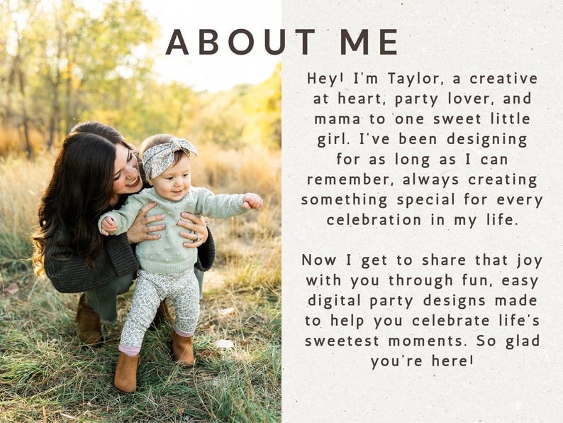 May include: A woman holds a baby in a field. The baby wears a floral headband, a light green sweater, and patterned pants. The text "ABOUT ME" is at the top, with a description of the seller's background and business.