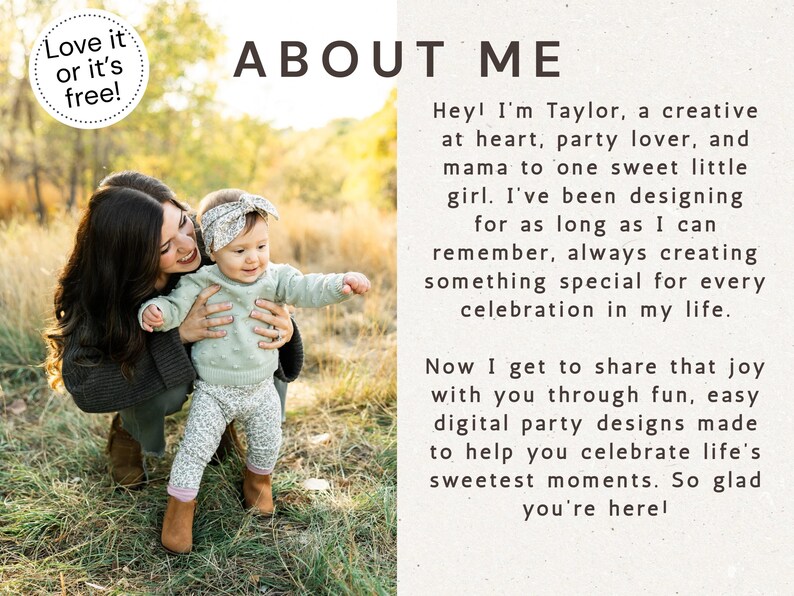 May include: A mother holds a baby girl outdoors. The baby wears a light green sweater, patterned pants, and a floral headband. The text "ABOUT ME" is displayed, along with the text "Love it or it's free!"