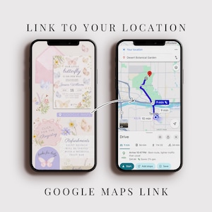 May include: Two smartphones showing a baby shower invitation and a Google Maps route. The invitation has butterfly and floral designs with the text "Our Little Butterfly Is On Her Way." The map displays a route with travel time.