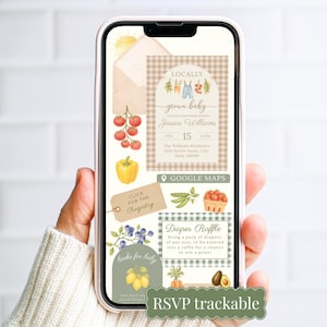 May include: A smartphone displays a baby shower invitation with a farm-to-table theme. The design includes illustrations of vegetables, a sun, and the text "Locally grown baby." Additional text includes RSVP trackable, registry, and diaper raffle details.