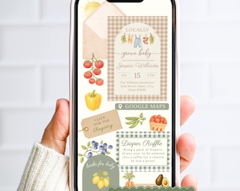 Invitación para baby shower con productos locales y confirmación de asistencia rastreable / Invitación para mercado de agricultores / Plantilla editable de Canva para descargar (invitación digital)