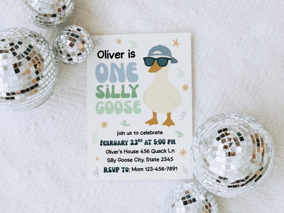 Boy One Silly Goose Invite | Retro Trendy Goose 1st Birthday Invitation | Editable Canva | Printable Template Digital Download WJ9J
