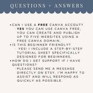 May include: A cream-colored graphic with the text "QUESTIONS + ANSWERS" in a dark blue font at the top. Below, bullet points address common inquiries about using a free Canva account and beginner-friendly tutorials.