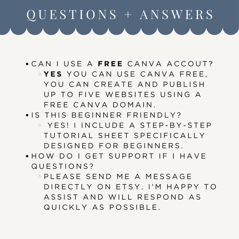 May include: A cream-colored graphic with the text "QUESTIONS + ANSWERS" in a dark blue font at the top. Below, bullet points address common inquiries about using a free Canva account and beginner-friendly tutorials.