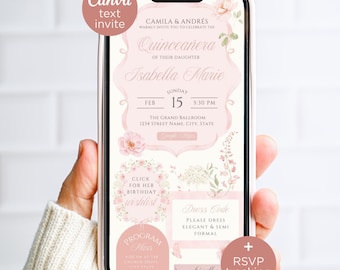 Pink Quinceanera Invitation for Text, Editable Princess Sweet 15 Animated Video Canva Website Invite, RSVP and Wishlist links