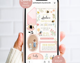 First Bee Day Birthday Invitation for Text, Editable Sweet to Bee One Canva Website Invite