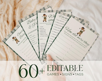Juegos y letreros imprimibles para baby shower de golf / Tema de golf a cuadros verdes para niño, Canva editable / Deportes de osito de peluche / K4L9