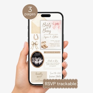 Könnte beinhalten: Ein Smartphone-Bildschirm zeigt eine dreiseitige digitale Einladung zur Geschlechtsenthüllung mit dem Titel Boots or Bows. Das Design enthält Aquarellillustrationen einer rosa Schleife, eines Hufeisens, Cowboystiefeln und eines Ultraschallbildes.