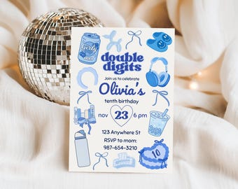 Hello Double Digits | 10th Birthday Invitation, Preppy Blue Bow Canva Template for Tween | Birthday Party Girl 10 year old VSCO TikTok 91B7