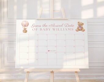 Calendario de fecha de parto para baby shower con osito de peluche rosa, adivina la fecha de llegada (plantilla digital de Canva para descargar) h5t4