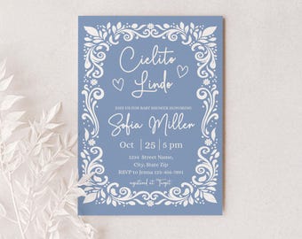 Cielito Lindo Boy Baby Shower Invitation, Editable Blue Mexican Talavera Canva Invite, Papel Picado Digital Download