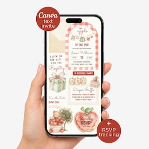 Puede incluir: Una invitación digital para baby shower en la pantalla de un teléfono con un arco de cuadros rojos, ilustraciones en acuarela de manzanas, un osito de peluche y un regalo. El texto incluye The apple of our eye, Jessica Williams y RSVP.