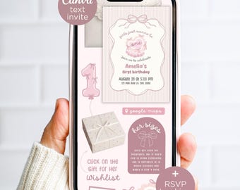 Girls Just Wanna Be One Birthday Invitation for Text, Editable Pink Bow Coquette Canva Website Invite,  1st Birthday Evite
