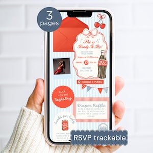 May include: A smartphone displays a baby shower invitation with a red and white theme. The invitation includes text, a photo, and graphics of cherries and a soda bottle. The phone is held by a person.