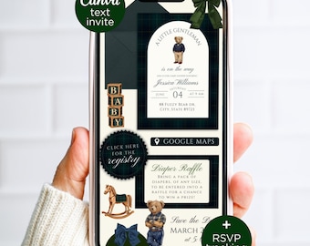 Vintage Polo Teddy Bear Baby Shower Invitation for Text, Editable Rocking Horse Canva Website Invite