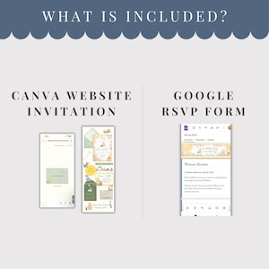 May include: The image showcases digital invitation templates. The text "WHAT IS INCLUDED?" is at the top. The left side displays a Canva website invitation, and the right side shows a Google RSVP form. The invitation designs feature a Winnie the Pooh theme.