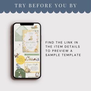 May include: A smartphone displays a baby shower invitation template with Winnie the Pooh illustrations. The screen shows text that reads "Try Before You Buy" and "Find the link in the item details to preview a sample template."