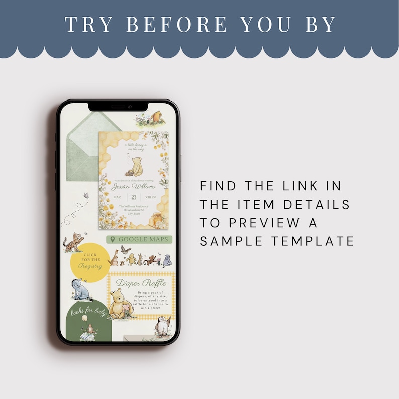 May include: A smartphone displays a baby shower invitation template with Winnie the Pooh illustrations. The screen shows text that reads "Try Before You Buy" and "Find the link in the item details to preview a sample template."