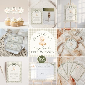 May include: A digital baby shower stationery bundle featuring a light green gingham pattern and a cartoon goose illustration. Includes cupcake toppers, thank you cards, welcome signs, candy bar wrappers, invitations, a calendar, and game cards.