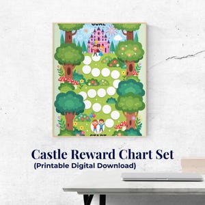 May include: A framed castle reward chart set with a colorful cartoon design. The chart features a castle, trees, and a path with blank circles for tracking progress. The text "Castle Reward Chart Set" and "(Printable Digital Download)" are displayed.