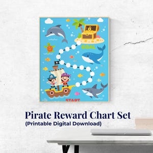 May include: A framed pirate-themed reward chart set with a blue background. The chart features a pirate ship, treasure chest, and various sea creatures. The text "Pirate Reward Chart Set" and "(Printable Digital Download)" are displayed at the bottom.
