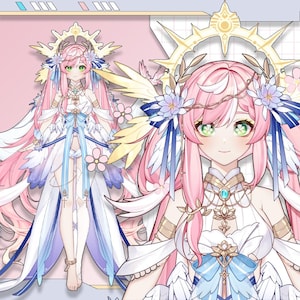 May include: Digital illustration of a character with pink hair, green eyes, and a white and blue dress. The character has a halo, flower accents, and long flowing hair. The style is reminiscent of anime or manga.