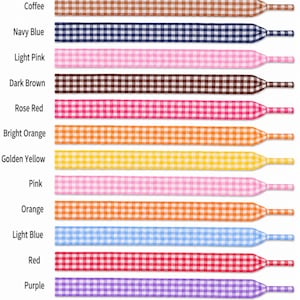 May include: A collection of thirteen flat shoelaces featuring a gingham check pattern in various colors including matcha green, coffee, navy blue, light pink, dark brown, rose red, bright orange, golden yellow, pink, orange, light blue, red, purple, and black.