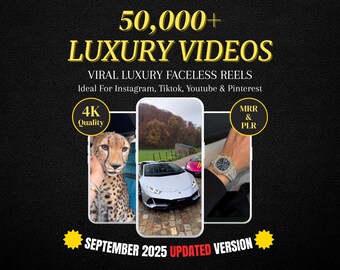 Puede incluir: Gráfico promocional con el texto "50,000+ LUXURY VIDEOS" en letras doradas. La imagen incluye un guepardo, un coche deportivo blanco y una persona con un reloj de lujo. El texto también menciona "VIRAL LUXURY FACELESS REELS" y "SEPTEMBER 2025 UPDATED VERSION."