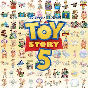 Puede incluir: Un collage de varios personajes y objetos de Toy Story que rodean un gran logotipo central de Toy Story 5. Los personajes incluyen a Woody, Buzz Lightyear, Jessie, el Sr. y la Sra. Cara de Papa, Slinky Dog y otros en estilos ilustrados y coloridos.