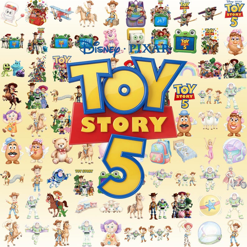 Puede incluir: Un collage de varios personajes y objetos de Toy Story que rodean un gran logotipo central de Toy Story 5. Los personajes incluyen a Woody, Buzz Lightyear, Jessie, el Sr. y la Sra. Cara de Papa, Slinky Dog y otros en estilos ilustrados y coloridos.