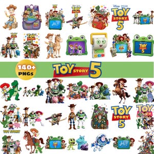 Puede incluir: Una colecci&oacute;n de m&aacute;s de 140 im&aacute;genes digitales PNG con personajes de Toy Story 5, incluyendo a Woody, Buzz Lightyear, Jessie, Bullseye, Rex y varias tabletas con forma de rana con el texto Toy Story 5 y Hi en las pantallas.