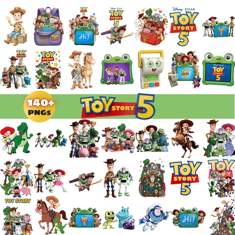 Puede incluir: Una colecci&oacute;n de m&aacute;s de 140 im&aacute;genes digitales PNG con personajes de Toy Story 5, incluyendo a Woody, Buzz Lightyear, Jessie, Bullseye, Rex y varias tabletas con forma de rana con el texto Toy Story 5 y Hi en las pantallas.