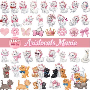 Op de afbeelding: Een verzameling digitale illustraties met Marie uit Aristocats in verschillende houdingen, samen met andere kittens, roze strikken, harten, bloemen, een vlinder en een kroon. De tekst 130+ PNGS Aristocats Marie staat in het midden.