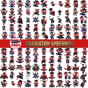 Puede incluir: Una colección de 110 imágenes digitales PNG con personajes de Spider-Man en dibujos animados que usan birretes y togas de graduación, sostienen diplomas y posan de diversas formas, con el texto GRADUATION SPIDERMAN y 110+ PNGS.