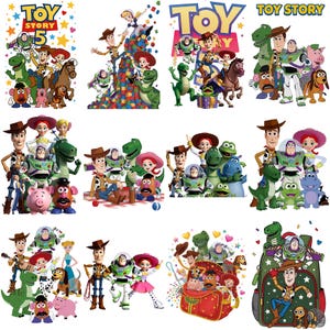 Puede incluir: Una colecci&oacute;n de ilustraciones de personajes de Toy Story con Woody, Buzz Lightyear, Jessie, Rex, Hamm, el Sr. Cara de Papa y Slinky Dog en varias poses, algunos con el logo de Toy Story 5, estrellas coloridas, corazones y bloques.
