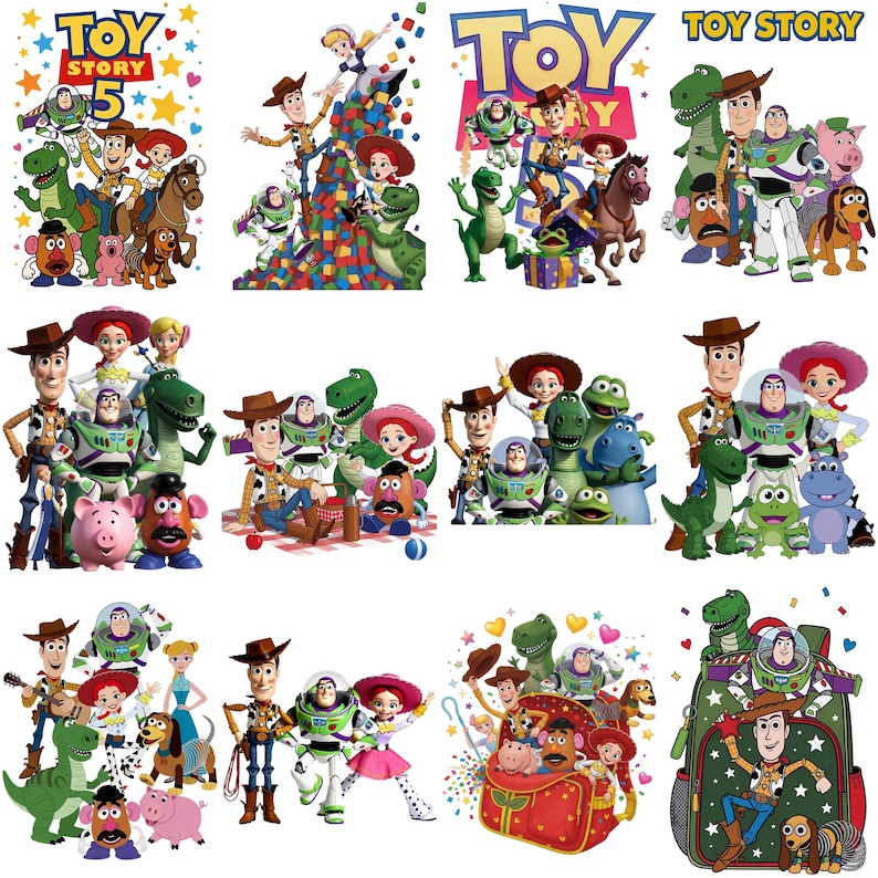 Puede incluir: Una colecci&oacute;n de ilustraciones de personajes de Toy Story con Woody, Buzz Lightyear, Jessie, Rex, Hamm, el Sr. Cara de Papa y Slinky Dog en varias poses, algunos con el logo de Toy Story 5, estrellas coloridas, corazones y bloques.