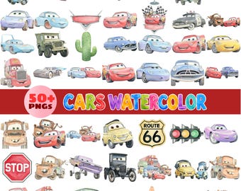 Autos handgezeichnet Aquarell Bundle, Lightning Mcqueen Aquarell Png, Autos Clipart, handgezeichnetes Aquarell Mater, sofortiger digitaler Download