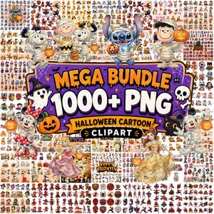 May include: A digital collection of over 1000 Halloween-themed cartoon PNG clipart images featuring various characters dressed in costumes, pumpkins, and ghosts, with the text MEGA BUNDLE 1000+ PNG HALLOWEEN CARTOON CLIPART displayed in the center.