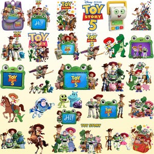Puede incluir: Una colecci&oacute;n de ilustraciones digitales con personajes de Toy Story 5 como Woody, Buzz Lightyear, Jessie, Rex y Slinky Dog, junto a marcos, mochilas y dispositivos port&aacute;tiles con forma de rana con el logotipo de Toy Story 5.