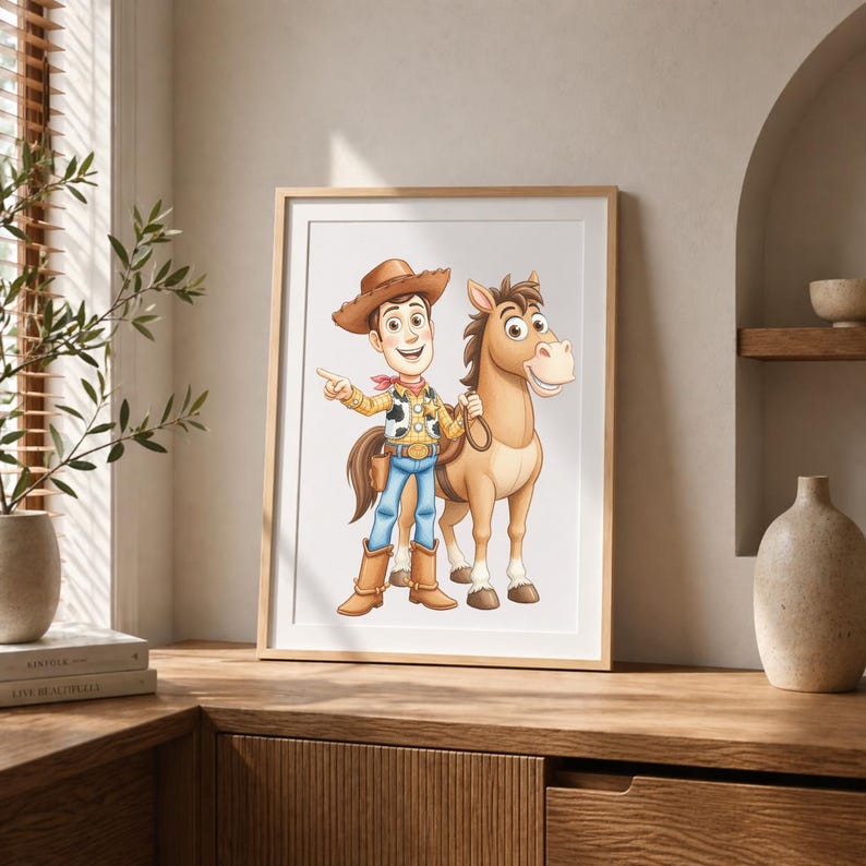 Puede incluir: Una l&aacute;mina art&iacute;stica enmarcada con una ilustraci&oacute;n de dibujos animados de un vaquero sonriente con sombrero marr&oacute;n, camisa amarilla y vaqueros azules, de pie junto a un caballo marr&oacute;n claro con crin y cola oscuras sobre fondo blanco.