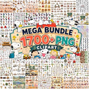 May include: A digital collection of over 1700 Snoopy and Peanuts character PNG clipart files. The central graphic features Snoopy, Charlie Brown, and friends with the text MEGA BUNDLE 1700+ PNG CLIPART displayed in a large, colorful, decorative frame.