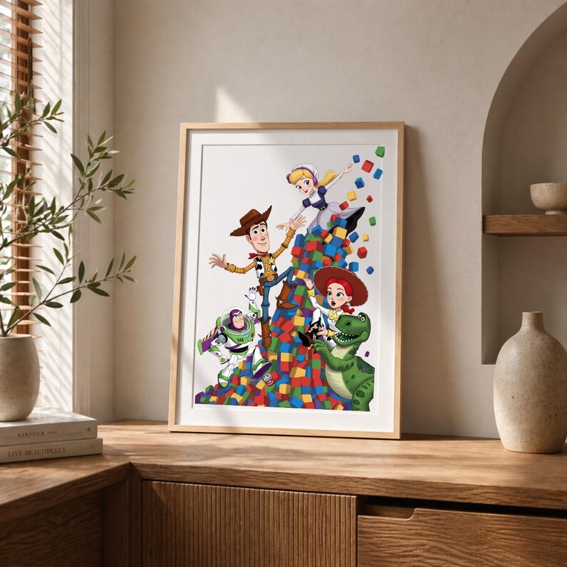 Puede incluir: Una l&aacute;mina art&iacute;stica vertical enmarcada que muestra a un grupo de personajes animados, incluyendo un vaquero, un guardi&aacute;n espacial, una vaquera, un dinosaurio y una pastora, sobre una gran pila de bloques cuadrados de colores sobre fondo blanco.