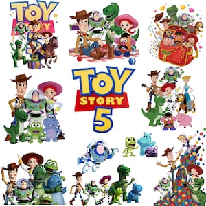 Puede incluir: Una colecci&oacute;n de ilustraciones gr&aacute;ficas de Toy Story 5 que presentan a Woody, Buzz Lightyear, Jessie, Rex, el Sr. Cara de Papa y otros personajes en varias poses, incluyendo un logotipo central de Toy Story 5 con texto azul y amarillo sobre fondo rojo.