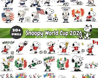 Paquete de más de 30 imágenes PNG de Snoopy para el Mundial 2026, imágenes prediseñadas de perros futbolistas, diseños de dibujos animados de fútbol, PNG para sublimación, imprimibles para Cricut.