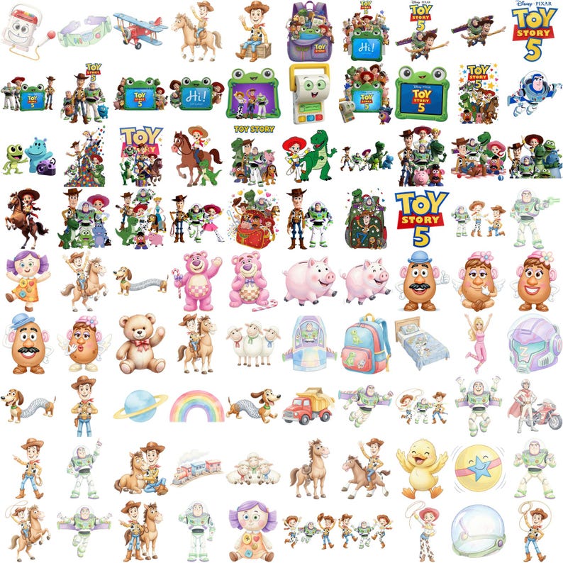 Puede incluir: Una colecci&oacute;n de pegatinas de personajes de Toy Story que incluye a Woody, Buzz Lightyear, Jessie, Rex, Slinky Dog, Lotso, el Sr. y la Sra. Potato Head y otras figuras. El set incluye varias poses, escenas grupales, mochilas y el logo de Toy Story 5.