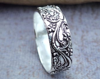 Vintage 1970's Sterling Silver Engraved Flower Wide Band Ring - Etsy