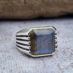 Herrenring Labradorit | Quadrat Sterling Silber, Vintage Handgemacht
