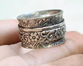 Sterlingzilveren bloemen spinnerring | Boho Fidget-sieraden