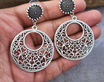 Pendientes de aro de filigrana de plata de ley, pendientes colgantes estilo boho.