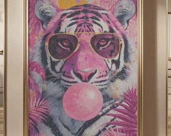 Arte del Tigre Rosa: Soplando chicle. Estampado moderno de la jungla.